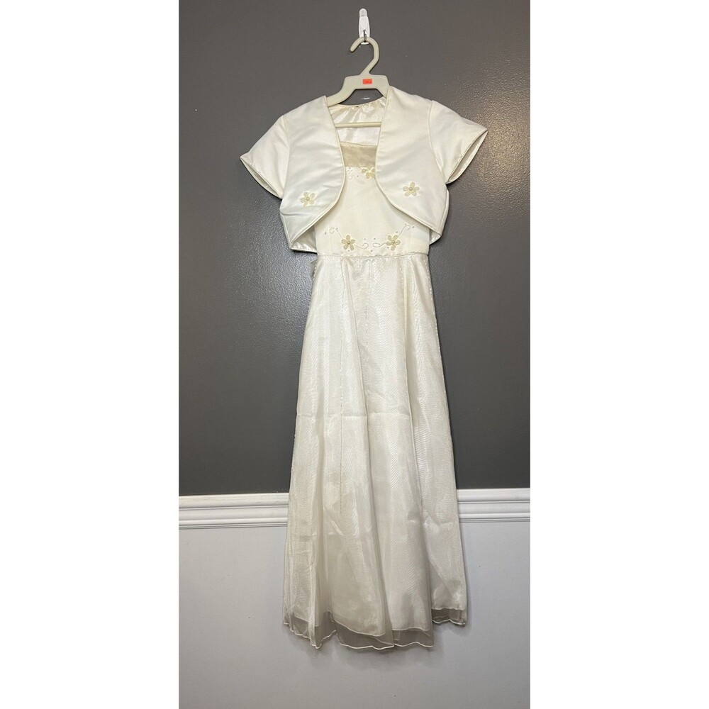 Growing Up Dress Girls Size 10 Ivory Formal Flower Girl Gown Jacket Bow Beaded